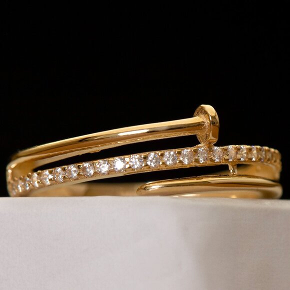 10K Yellow Gold Nail Ring, Dainty CZ Pave Ring, Size 7 - Picture 1 of 13